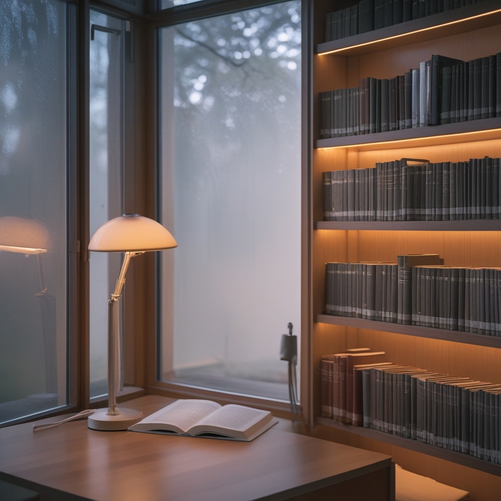 A quiet reading corner in a modern library or study room with warm ambient light from a desk lamp, open books, and a large window with diffused natural daylight, conveying calm intellectual atmosphere