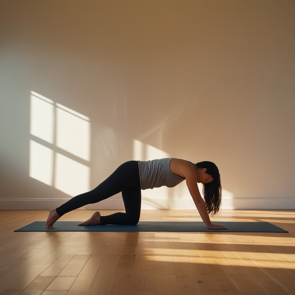 Person performing a slow, mindful stretching pose in a calm, naturally lit studio with warm morning light casting long shadows across a wooden floor